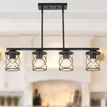 mavcadonf 4-Light UL Certified Farmhouse Linear Pendant Light, Black Metal Adjustable Kitchen Island Light with Sloped Ceiling Compatible, Hanging Light for Dining Room Living Room Foyer