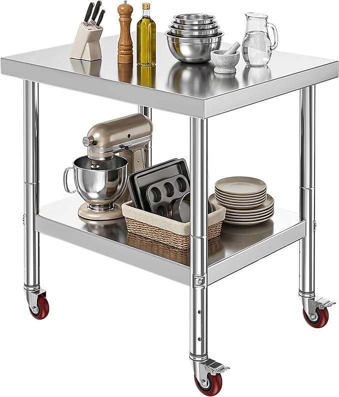 DWVO 30x24in Stainless Steel Table, NSF Metal Prep Worktable with Adjustable Shelf & Wheels for Kitchen Restaurant Hotel Garage Warehouse Home