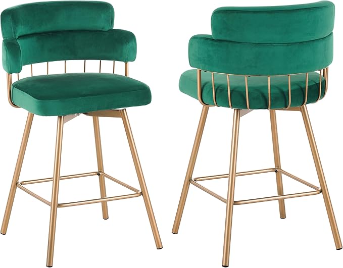26" Counter Height Bar Stools Set of 2, 180° Swivel Upholstered Bar stools with Backs and Metal Legs, Bar Stools for Kitchen Island, Cafe, Pub,Green
