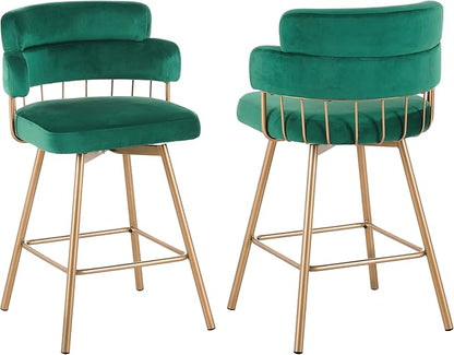 26" Counter Height Bar Stools Set of 2, 180° Swivel Upholstered Bar stools with Backs and Metal Legs, Bar Stools for Kitchen Island, Cafe, Pub,Green