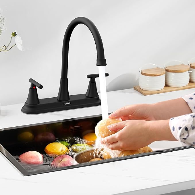 HURRAN 2 Handle Kitchen Sink Faucet, 8 Inch High Arc 360°Swivel Kitchen Sink Faucet, 3 Hole Kitchen Faucet Without Side Sprayer, Centerset RV Kitchen Faucet with Stainless Steel Pipe, Black