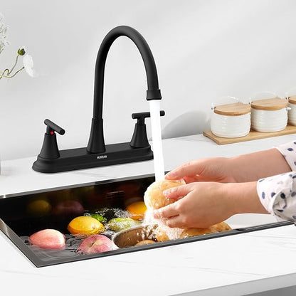 HURRAN 2 Handle Kitchen Sink Faucet, 8 Inch High Arc 360°Swivel Kitchen Sink Faucet, 3 Hole Kitchen Faucet Without Side Sprayer, Centerset RV Kitchen Faucet with Stainless Steel Pipe, Black