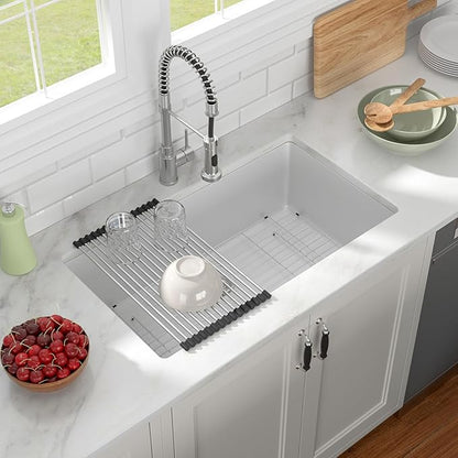 33x19 Inch White Granite Composite Quartz Undermount Single Bowl Kitchen Sink Under Counter Contemporary Kitchen Deep Sink Basin 33"x19"