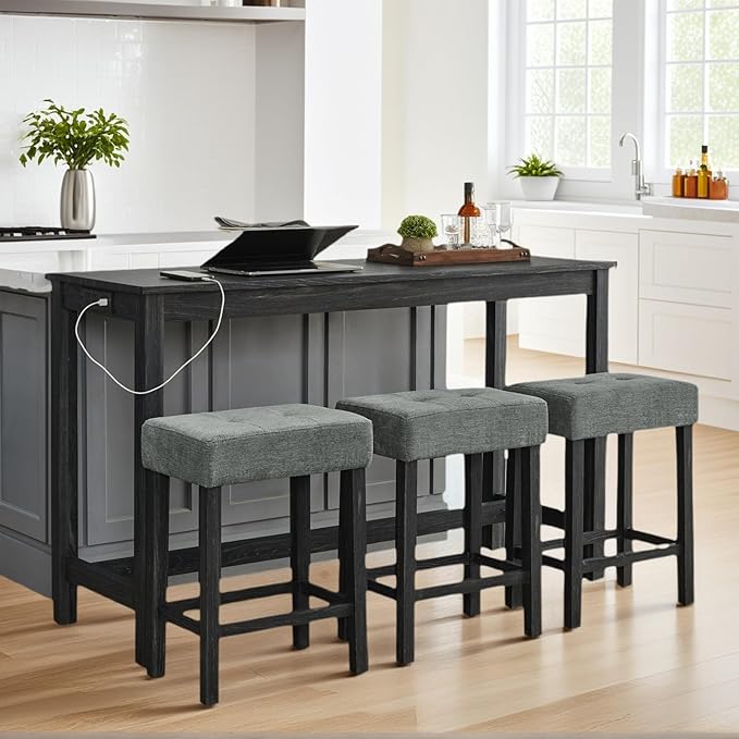 59 inch Bar Table and Chairs Set with with Power Outlet, Industrial Hight Counter Height Bar Table with 3 Upholstered Stools,4 Pieces Space-Save Breakfast Table Set for Kitchen Dining Room (Black)
