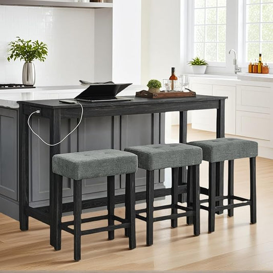 59 inch Bar Table and Chairs Set with with Power Outlet, Industrial Hight Counter Height Bar Table with 3 Upholstered Stools,4 Pieces Space-Save Breakfast Table Set for Kitchen Dining Room (Black)