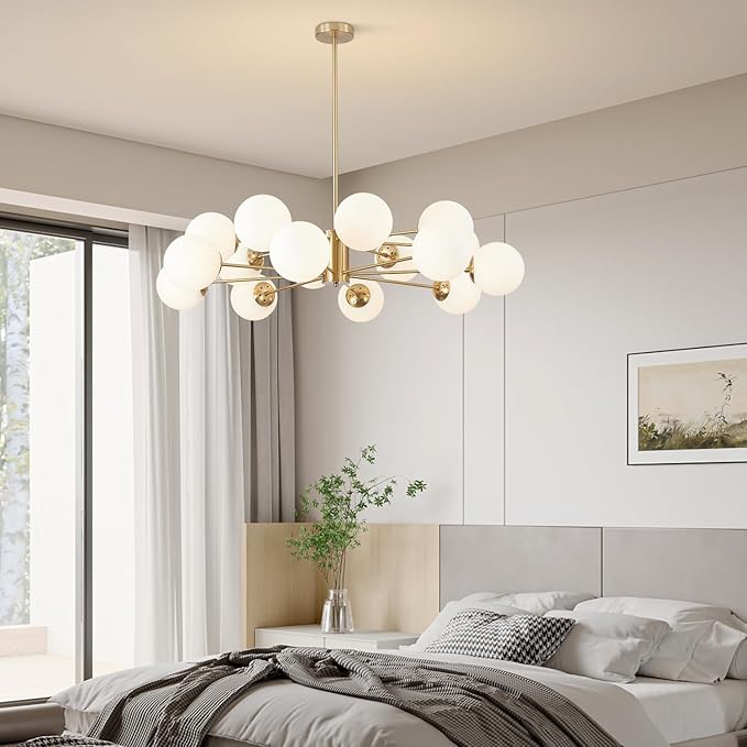 BOKT Gold Sputnik Chandelier 16-Light Globe Pendant Light Modern Ceiling Light Fixture Brushed Brass Chandelier Milk Glass Ball Large Pendant Lighting for Dining Room Kitchen Island Living Room