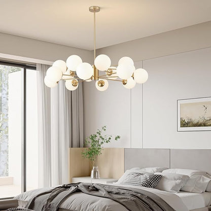 BOKT Gold Sputnik Chandelier 16-Light Globe Pendant Light Modern Ceiling Light Fixture Brushed Brass Chandelier Milk Glass Ball Large Pendant Lighting for Dining Room Kitchen Island Living Room