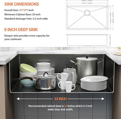 30 Inch Undermount Kitchen Sink Black 18 Gauge Stainless Steel Under Counter Sink Single Bowl Deep Handmade Single Bowl Kitchen Sink,30"x18"x9"