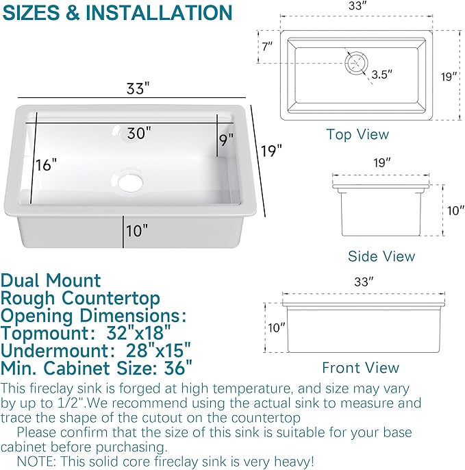Large Undermount Workstation Kitchen Sink White 33 x 19 Inch, Fireclay Sink Drop In Single Bowl, Dual Mount Heavy Duty Deep Basin, Cutting Board Included, White, for Kitchen
