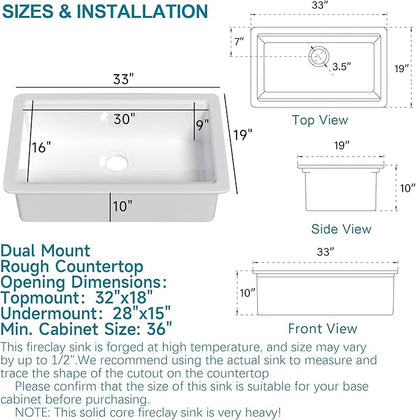 Large Undermount Workstation Kitchen Sink White 33 x 19 Inch, Fireclay Sink Drop In Single Bowl, Dual Mount Heavy Duty Deep Basin, Cutting Board Included, White, for Kitchen