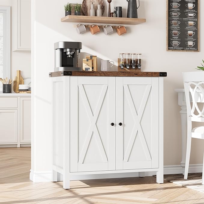 GarveeHome Small Storage Cabinet, Farmhouse Sideboard Buffet Cabinet with 2 Doors and Adjustable Shelves, Accent Entryway Console Cabinets for Living Room, Dining Room (White+Brown, 2 Pieces)