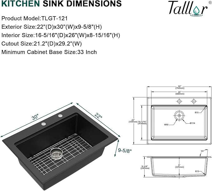 30 Inch Black Granite Composite Drop In Kitchen Sink, Single Bowl Classic Quartz-Based Workstation All-In One Sink with Mixing Bowl and Pasta Strainer, 2-Holes Configuration #TLGT-121