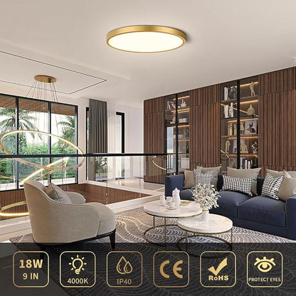 9Inch LED Ceiling Light Flush Mount Fixture, 18W(180W Equivalent), 1800LM, 4000K Natural White, IP40, Flat Modern LED Ceiling Lights for Bedrooms, Living Rooms, Bathrooms, Stairwells, etc.(Gold)