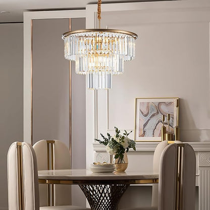 12-Light 23.64" Gold Modern Crystal Chandelier Crystal Pendant Chandeliers Light Fixture 3-Tier Hanging Lighting for Living Dinning Room Bedroom Foyer