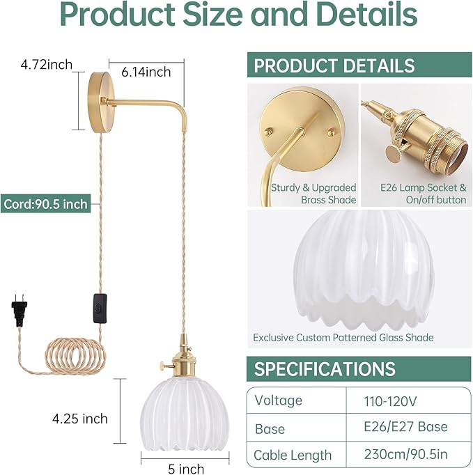Shenmoyl Vintage Wall Sconce with White Tulip Glass Shade Hanging Wall Sconce with 4.9FT Plug in Cord, Modern Wall Lamp Fixtures Decor for Bedside Bedroom Indoor Doorway