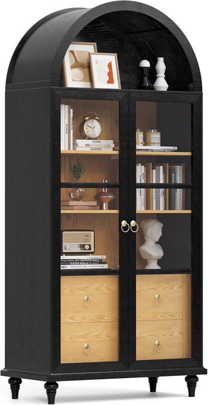 YESHOMY 71" Tall Arched Pantry Cabinet, Storage Cabinets with 2 Large Drawers and 3 Shelves, Wood Bookshelf, Modern Farmhouse Cupboard for Living Room, Kitchen, Dining Room, Black