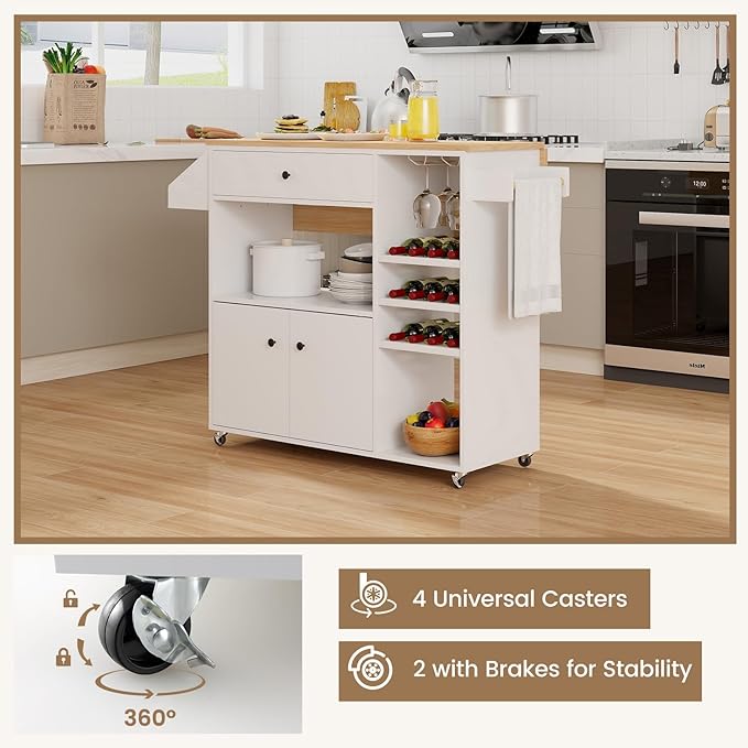 Giantex Rolling Kitchen Island Cart with Drop Leaf, Power Outlet, Spice Rack, 12 Wine Rack, Glass Holder, Drawer, Storage Cabinet, Towel Rack, Island Table for Breakfast Coffee Bar (White & Natural)