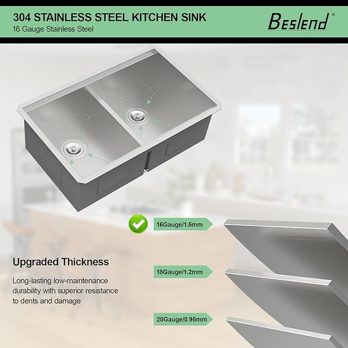 30 Undermount Kitchen Sink - 30x19 Double Bowl Kitchen Sinks Workstation 16 Gauge Stainless Steel Sink Low Divide Double Basin 50/50