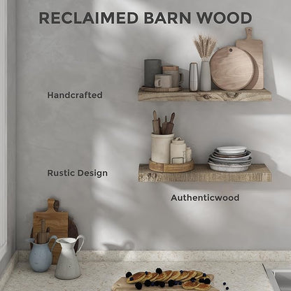 Dreamland Floating Shelves for Wall, Solid Rustic Reclaimed Wood Shelf 7.5 Inch Deep for Storage, Wall Mounted Display Shelving with Invisible Heavy-Duty Metal Bracket, 24 Inch Width Set of 2, Grey