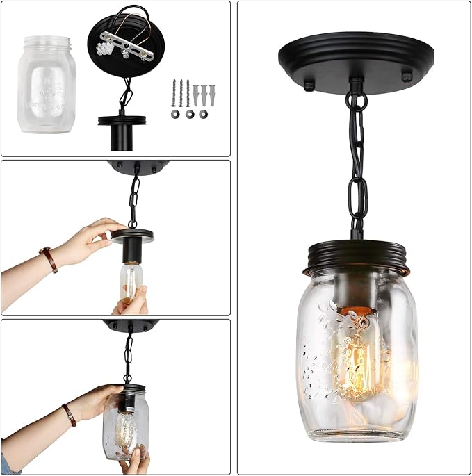 Glass Mason Jar Light Fixtures, 1-Light Kitchen Island Pendant Lighting Farmhouse Light Fixture Close to Ceiling Light for Kitchen Barn Farmhouse Dining Room Hallway Stairway