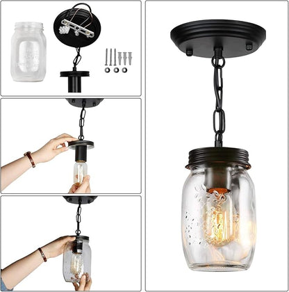 Glass Mason Jar Light Fixtures, 1-Light Kitchen Island Pendant Lighting Farmhouse Light Fixture Close to Ceiling Light for Kitchen Barn Farmhouse Dining Room Hallway Stairway