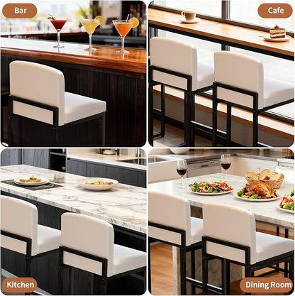 GarveeHome Bar Stools Set of 2, Modern Counter Height Bar Stools with Back and Footrest, Faux Leather Upholstered Barstools Chairs for Kitchen Island Dining Room Bar, White