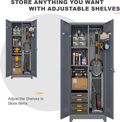 Broom Closet Storage Cabinet, Steel Locking Cabinet with Hanging Rod, 65" Cleaning Storage with Doors and Hooks, Tall Broom Tool Cabinets for Office, Garage