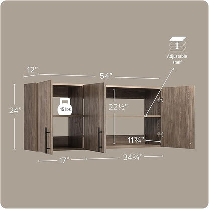 Prepac Elite 54" Wall Cabinet, Drifted Gray Storage Cabinet with 2 Adjustable Shelves, Storage for Pantry, Kitchen, Bathroom 12" D x 54" W x 24" H