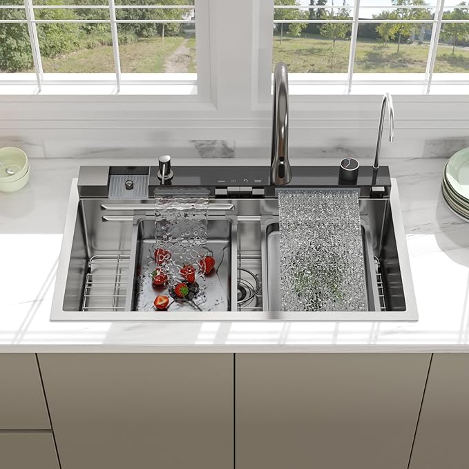 33 Inch Waterfall Kitchen Sink - Beslend 33x19 Drop In Waterfall Sink Stainless Steel Workstation Modern Smart Sinks 16-Gauge Single Bowl with Faucet, Digital Display and Fancy Ambient Light
