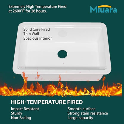 Miuara White Undermount Workstation Kitchen Sink 33 Inch - Large Topmount Fireclay Drop In Sink 33"x19"x10", Dual Mount Heavy Duty Deep Single Bowl, with 4 Custom Accessories, for Kitchen, Island