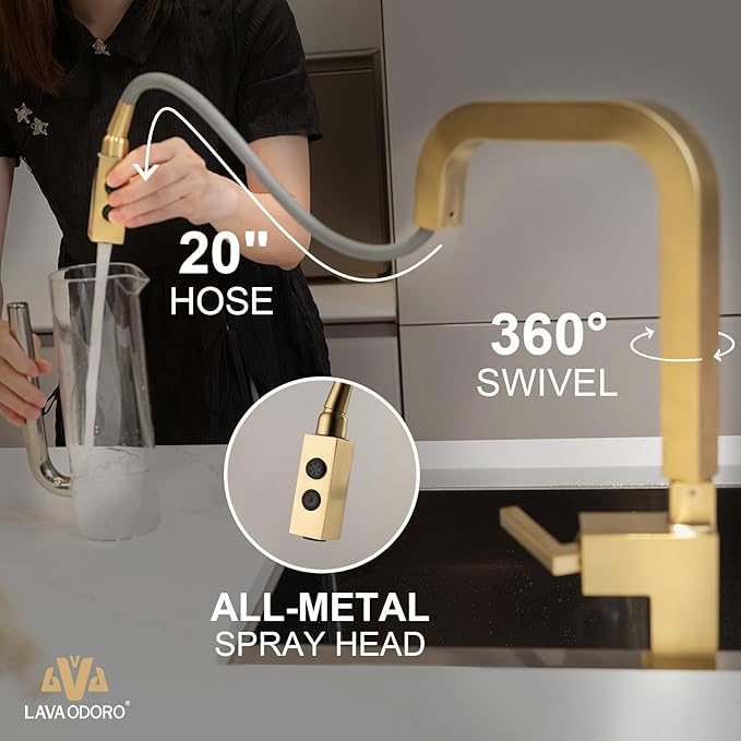 Brushed Gold Kitchen Faucet with Pull Down Sprayer, Lava Odoro Gold Single Handle Kitchen Sink Faucet, Gold Faucet for Kitchen Sink with Magnetic Docking Spray Head, Deck Plate, KF182-SG