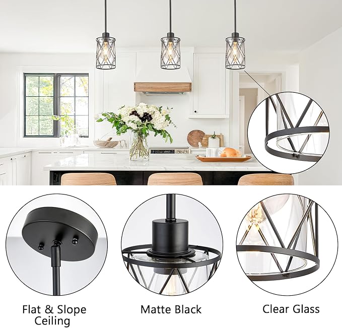 Refice Glass Pendant Lights Kitchen Island, Black Kitchen Hanging Light with Clear Glass, Farmhouse Cage Mini Pendant Lighting for Sink Dining Room Bedroom Bar, 3 Pack