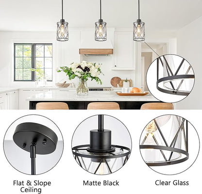 Refice Glass Pendant Lights Kitchen Island, Black Kitchen Hanging Light with Clear Glass, Farmhouse Cage Mini Pendant Lighting for Sink Dining Room Bedroom Bar, 3 Pack