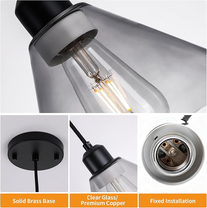 Modern Pendant Lights, 8.35" Smoked Grey Glass Hanging Lamp with Matte Black Finish, Adjustable 48" Cord Pendant Light Fixtures for Kitchen Island Sink Bar Dining Room Farmhouse, E26 Base