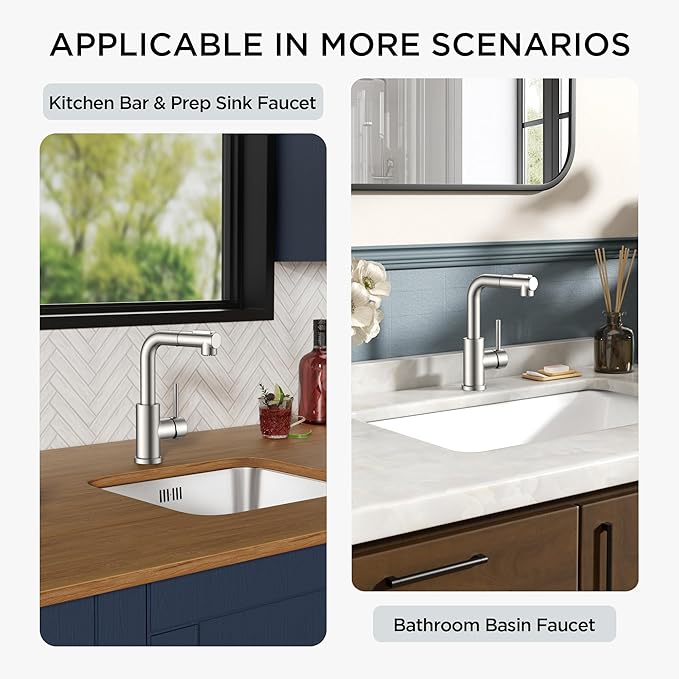 FORIOUS Modern Bar Sink Faucet Brushed Nickel, Stainless Steel Single Handle Small Kitchen Sink Faucet with Pull Out Sprayer, 360° Swivel Spout L-Shaped Design Suitable for Camper Outdoor Bathroom RV