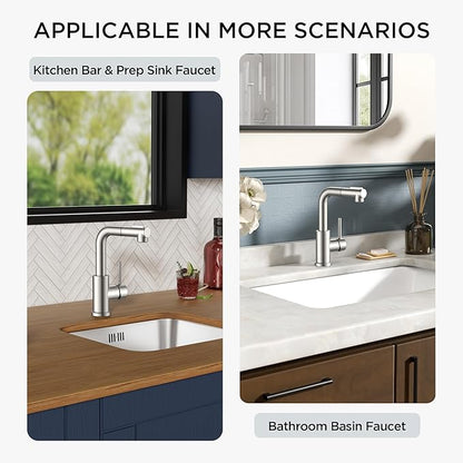 FORIOUS Modern Bar Sink Faucet Brushed Nickel, Stainless Steel Single Handle Small Kitchen Sink Faucet with Pull Out Sprayer, 360° Swivel Spout L-Shaped Design Suitable for Camper Outdoor Bathroom RV