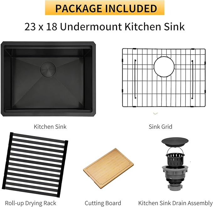 Black Undermount Kitchen Sink,16 Gauge T-304S Stainless Steel Workstation Sinks with Accessories, 23"x 18" X 10" Deep Kitchen Sink can hold Large Pot