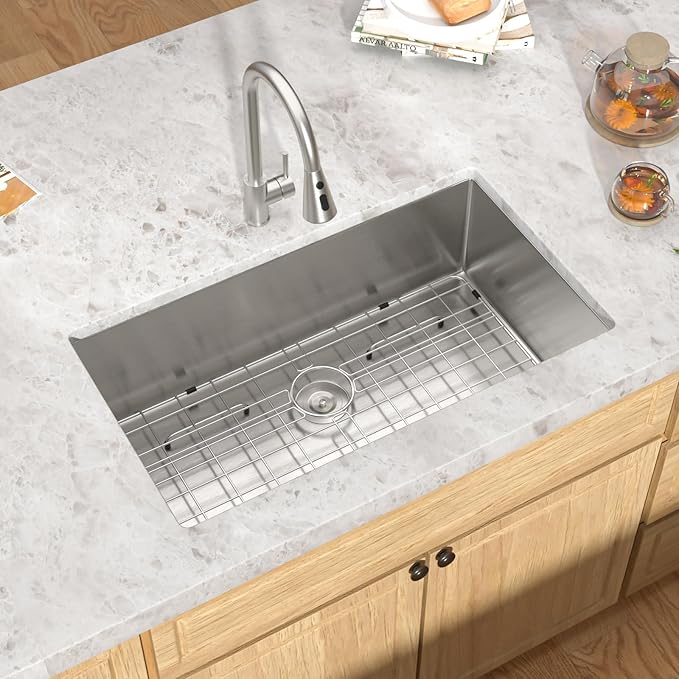 Undermount Kitchen Sink - 33 Inch Undermount 16 Gauge Stainless Steel Kitchen Sink Under Counter Single Bowl Sinks Round Corner, 33"x19"x9" #TLU-0024