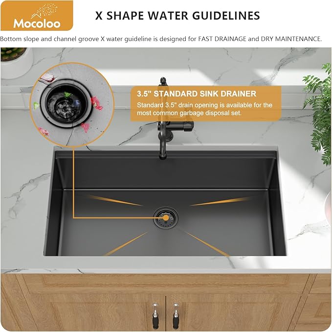 Mocoloo 32 Inch Undermount Kitchen Sink, 32x19 Gunmetal Black Stainless Steel Workstation Sink, 16 Gauge Modern Single Bowl 10'' Deep Kitchen Basin