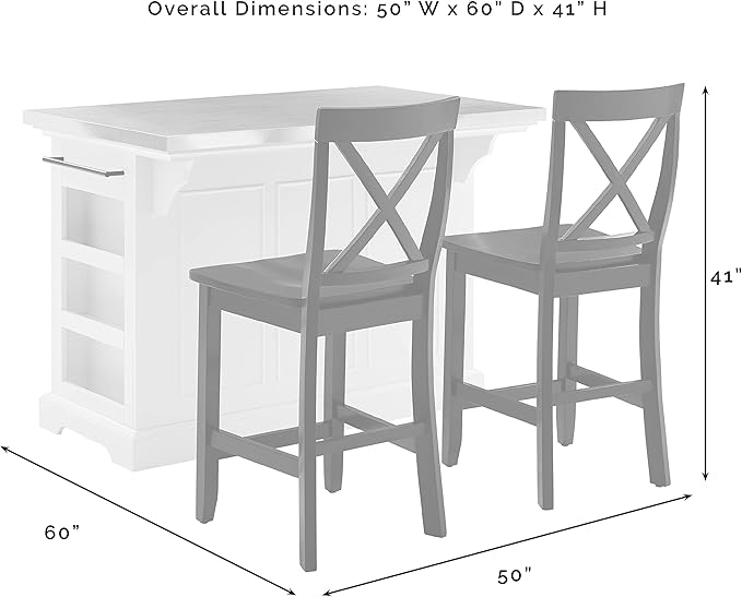 Crosley Furniture Julia Stainless Steel Top Island with Storage, Coffee Bar, and a Set of 2 X-Back Stools, Gray