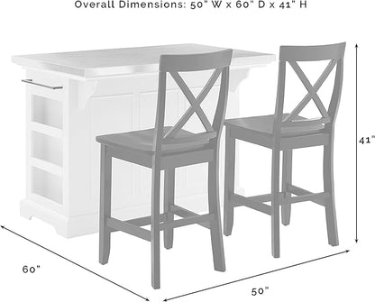 Crosley Furniture Julia Stainless Steel Top Island with Storage, Coffee Bar, and a Set of 2 X-Back Stools, Gray
