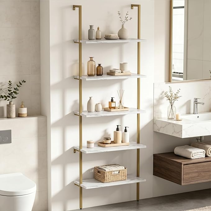 aboxoo Ladder Shelf White Marble Bookshelf 5-Tier Wall-Mounted Wood Rack Industrial Modern Plant Flower Stand Utility Organizer Open Bookcase Metal Frame Furniture Office Kitchen Bedroom