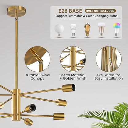 KAISITE Modern Chandelier Ceiling Light Fixture Sputnik Chandelier 10-Light Gold Chandelier for Dining Room Over Table Height Adjustable Lighting Fixture Ceiling Hanging for Kitchen Living Room