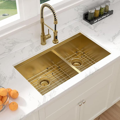 Sarlai 33 Inch Gold Undermount Kitchen Sink Double Bowl 33 x 19 Inch Low Divided Gold Workstation Double Kitchen Sink Stainless Steel 16 Gauge 60/40 Sinks Basin