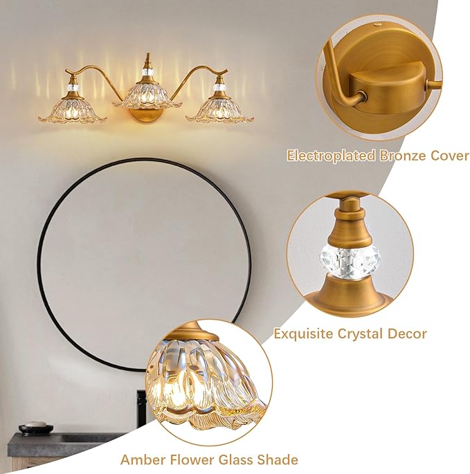 Vintage Bathroom Vanity Light Fixtures - 3 Light Antique Brass Bathroom Lights Fixture Over Mirror with Amber Flower Glass,Retro Brushed Gold Bronze Wall-Mounted Vanity Lighting for Powder Room