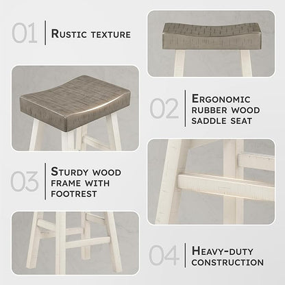 Lexicon Bar Height Bar Stools Set of 2 - Solid Wood Pub Chairs with Footrest, Armless Kitchen Chairs for Island, Living Room, Breakfast Nook, Sturdy, Transitional 30.5" High - White/Coffee