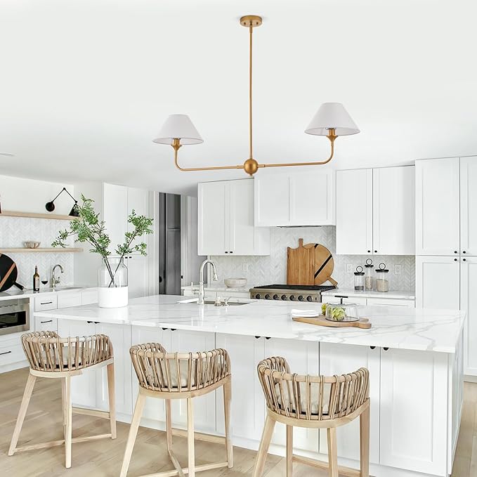 Modern Linear Chandeliers for Dining Room, Gold Island Light Fixtures with Off-White Fabric Shade, Rustic Linear Pendant Light for Kitchen