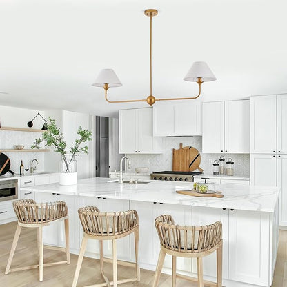Modern Linear Chandeliers for Dining Room, Gold Island Light Fixtures with Off-White Fabric Shade, Rustic Linear Pendant Light for Kitchen