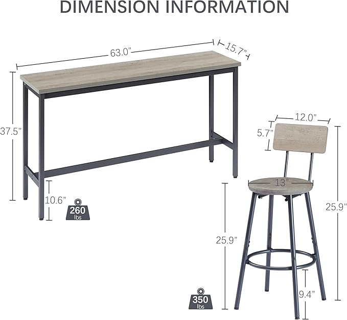 GNIXUU 4 Piece Long Bar Table and Chairs Set, Industrial Counter Height Dining Table Set with Sofa Bar Table and 3 Upholstered Stools with backrest for Breakfast Nook Living Room Small Space(Grey)