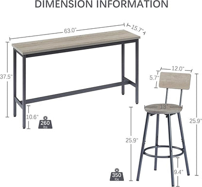GNIXUU 4 Piece Long Bar Table and Chairs Set, Industrial Counter Height Dining Table Set with Sofa Bar Table and 3 Upholstered Stools with backrest for Breakfast Nook Living Room Small Space(Grey)